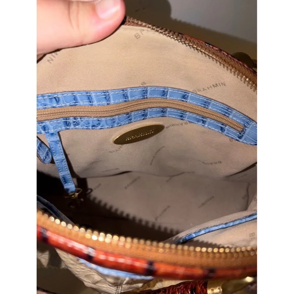 Brahmin Tri-Color Croc Embossed Leather Satchel Crossbody Bag Cream Brown Blue